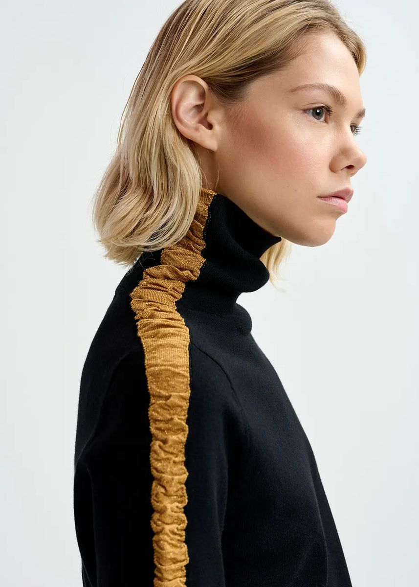 Essentiel Antwerp Black Turtleneck Knit Sweater Gold Stripes