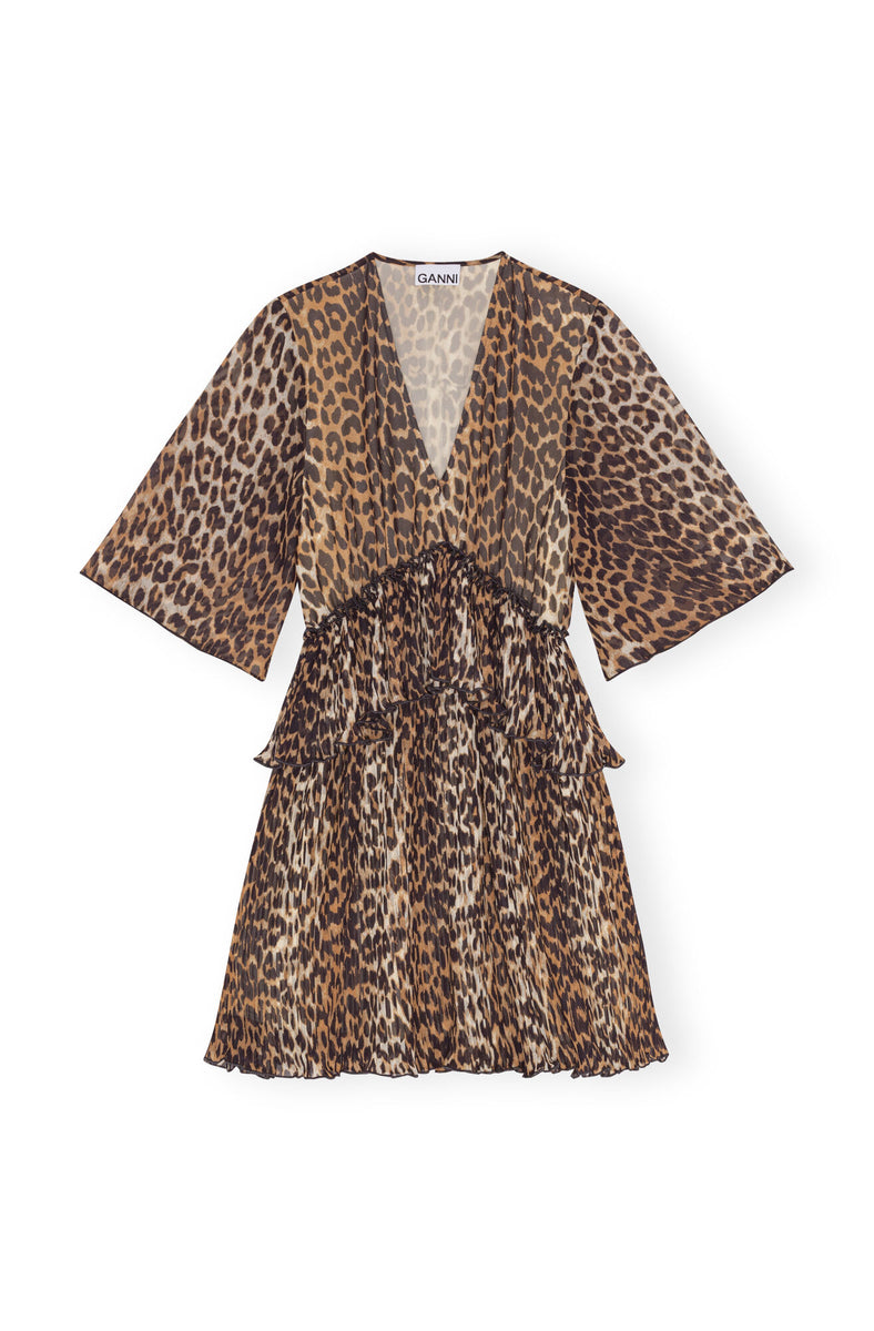 Ganni Leopard Pleated Georgette Flounce Mini Dress Willow Wolf Marlborough