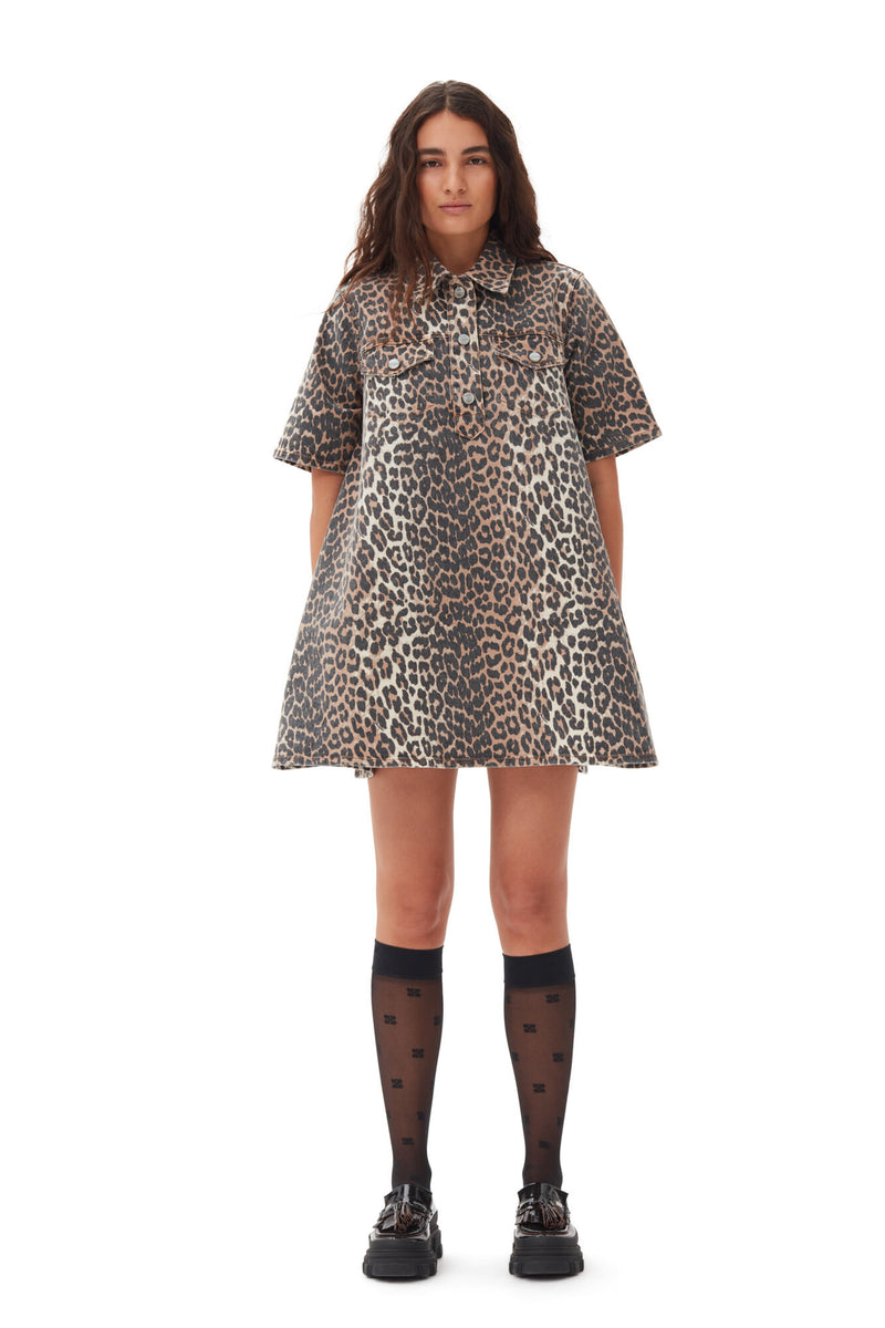 ganni leopard denim dress GANNI Brown Leopard Denim Mini Dress