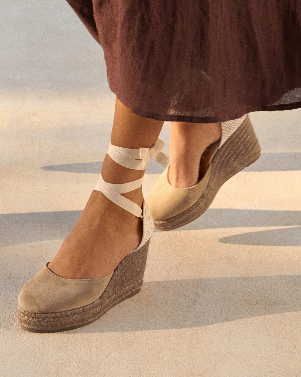 Manebi Soft Suede Wedge Espadrilles Hamptons Vintage Taupe on Tone