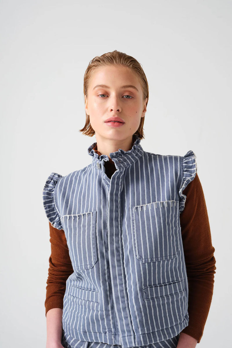 Seventy + Mochi Pablo Waistcoat Washed Denim Wide Stripes– Willow