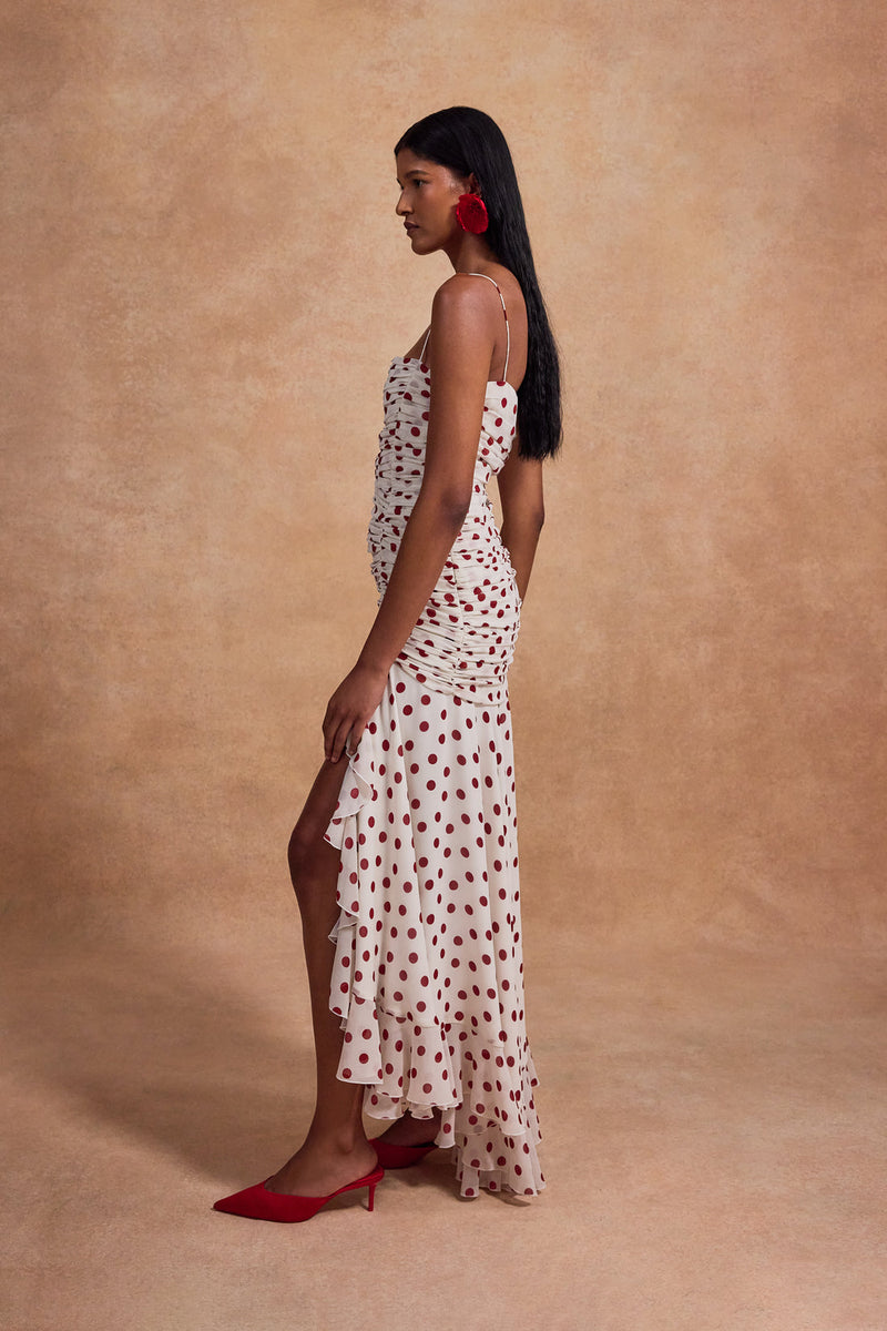 red polka dot long dress De La Vali Rosado Maxi in Dot– Willow & Wolf Marlborough Size:M (Original) YGroup_ariaminidress White Satin Ruched Mermaid