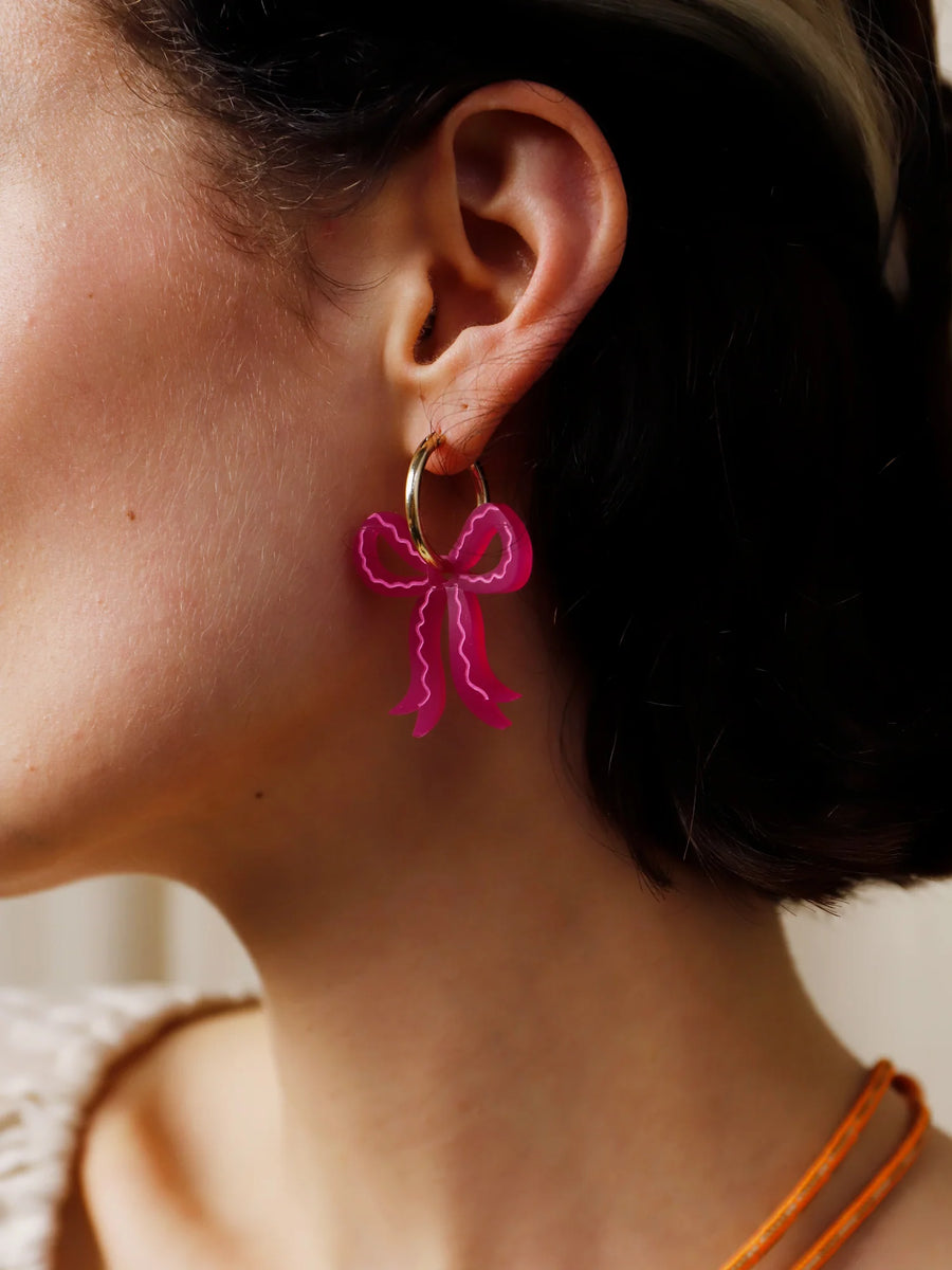 Wolf and Moon Mini Bow Hoop Earrings in Magenta Willow Wolf Marlborough