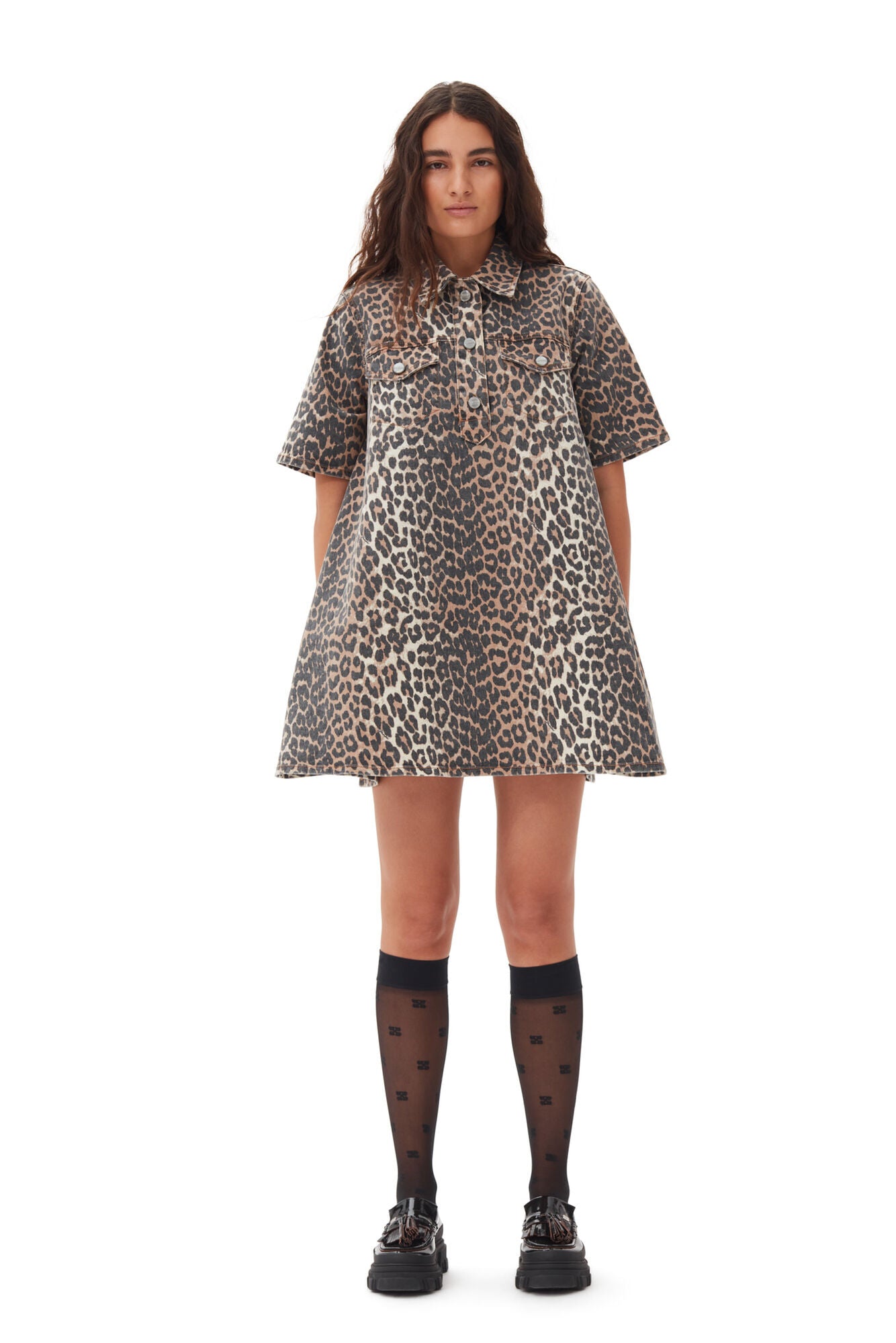 ワンピース GANNI LEOPARD DENIM DRESS Ganni Leopard Printed Denim Mini Dress– Willow & Wolf
