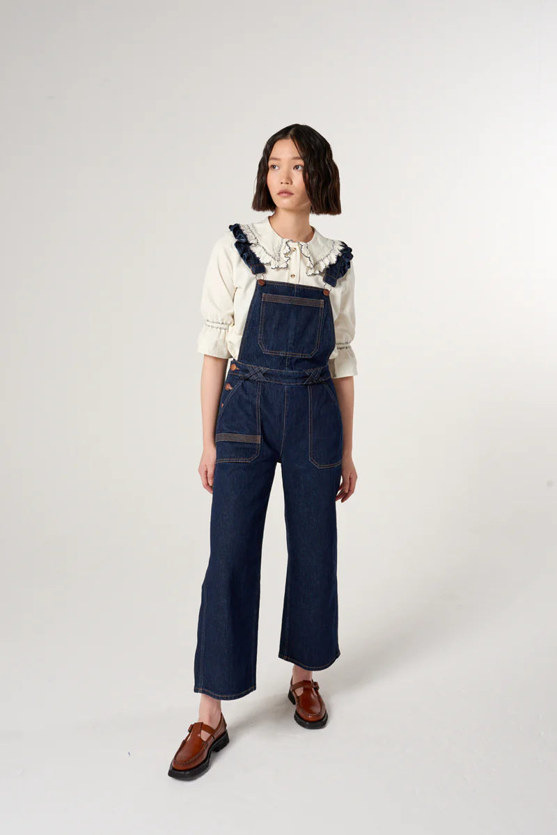 Seventy + Mochi Elodie Frill Dungaree in Dark Vintage Denim