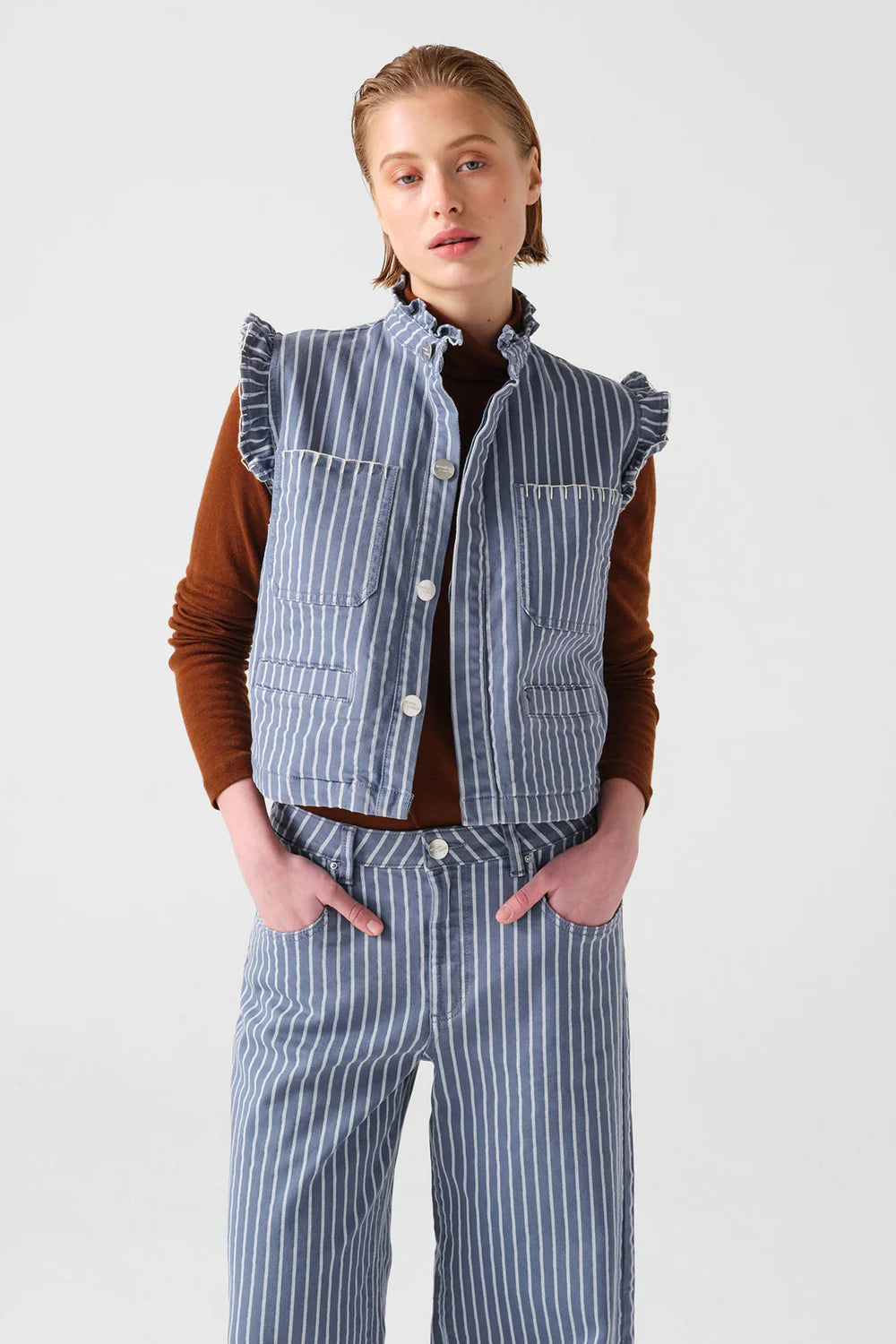Seventy + Mochi Pablo Waistcoat Washed Denim Wide Stripes– Willow